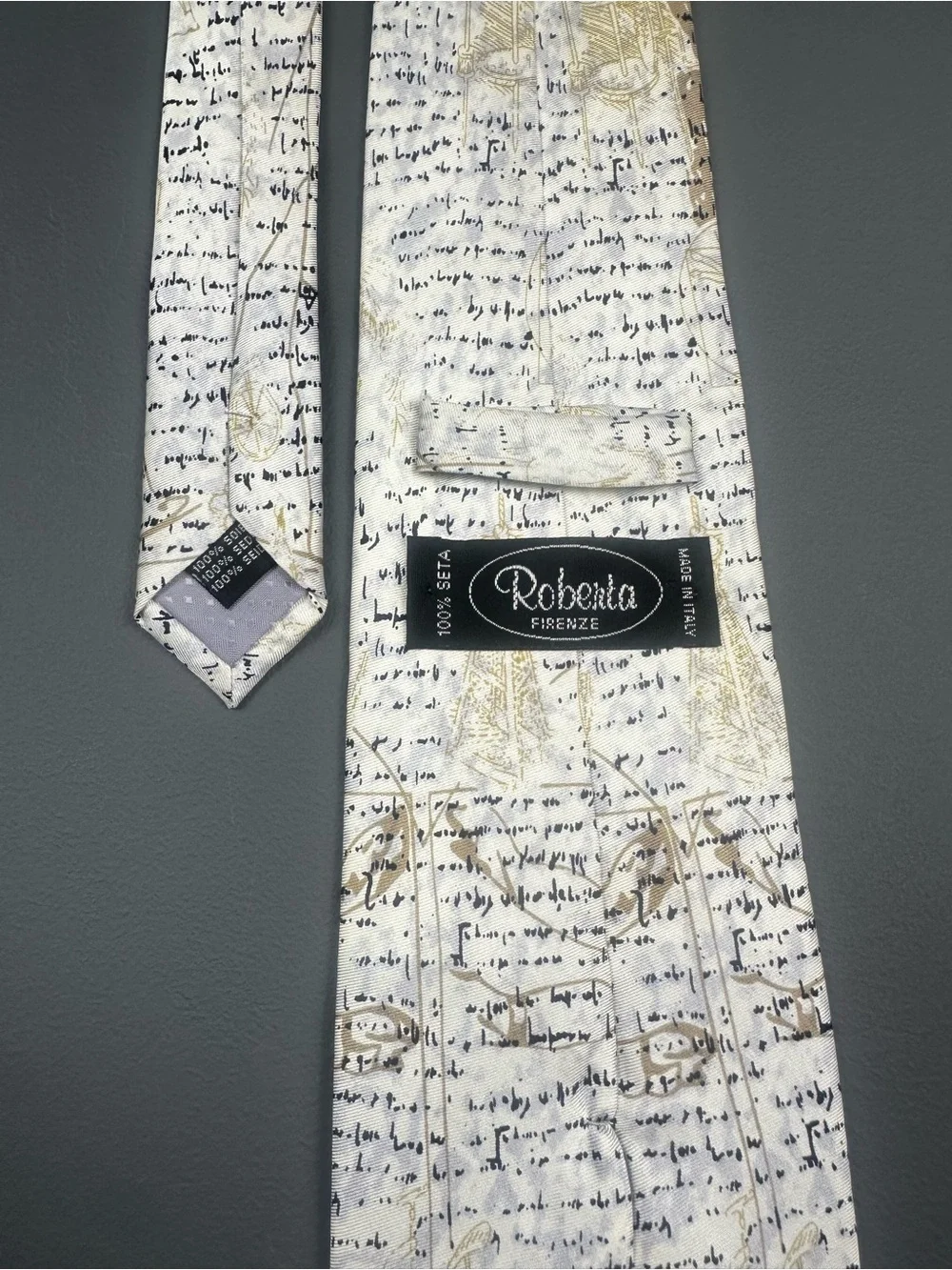 Roberta Firenze Italy Silk Renaissance Manuscript Tie White Gold 3 5/8 x 58 1/2